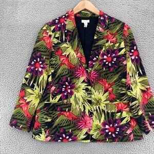 Chicos Blazer Womens 1 US Medium Green Multi Fern Floral Button Front Pockets